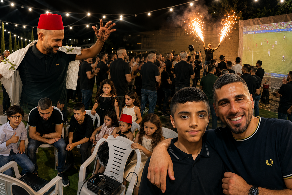 حفل حناء عريس في كفر قرع يتحول إلى مدرج لمباراة المغرب وفرنسا (راديو الناس) حفل حناء عريس في كفر قرع يتحول إلى مدرج لمباراة المغرب وفرنسا