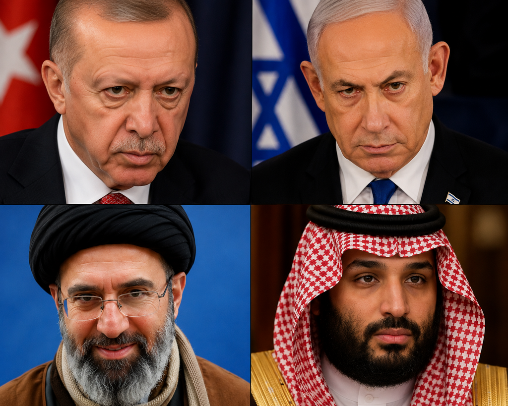 قادة أبرز القوى الإقليمية المتنافسة على النفوذ في الشرق الأوسط. (استخدام الصور وفقا للبند 27أ من حقوق النشر) نتنياهو، أردوغان، بن سلمان وخامنئي